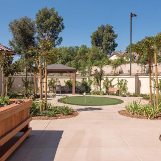 A sunny outdoor garden space featuring a gazebo, benches, and lush greenery.
