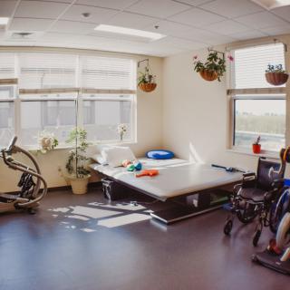 A well-lit rehabilitation room equipped with exercise equipment and a wheelchair, decorated with hanging plants.
