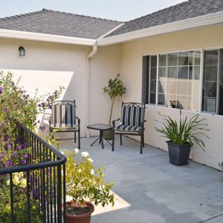A cozy patio with chairs, a table, and potted plants.