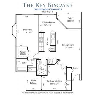 Floor plan of The Key Biscayne, featuring a two-bedroom, two-bath apartment with a dining room, living room, and balconies.