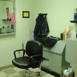 A cozy hair salon interior with a styling chair and sink.