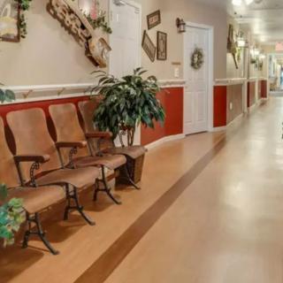 A warmly decorated hallway with seating and plants.