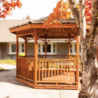 A wooden gazebo surrounded by autumn foliage.