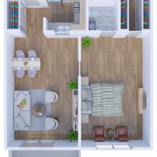 A top-down view of a one-bedroom apartment floor plan featuring a living room, kitchen, dining area, and bathroom.