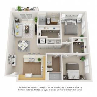 A detailed floor plan of a two-bedroom apartment featuring a kitchen, living room, dining area, and bathroom.