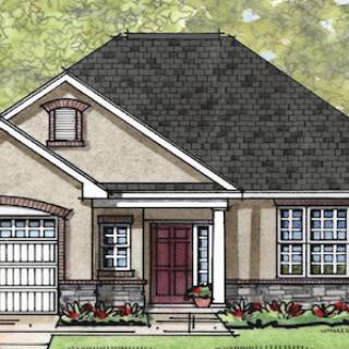 An architectural illustration of a single-family home with a front porch and garage.