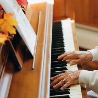 A person playing the piano with sheet music and autumn leaves on display.