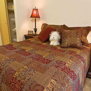 A cozy bedroom setup with a patterned bedspread, pillows, and a plush toy.