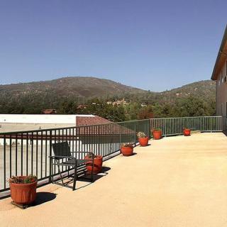 A sunny balcony with potted plants and a mountain view.