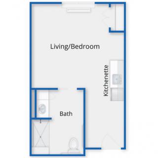 A simple studio apartment floor plan with a combined living and bedroom area, kitchenette, and bathroom.