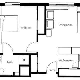 A simple floor plan of an apartment outlining the bedroom, living room, bath, and kitchen areas.