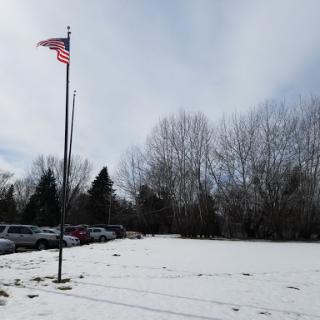 A snowy landscape featuring a flagpole with the American flag standing proudly amid leafless trees.