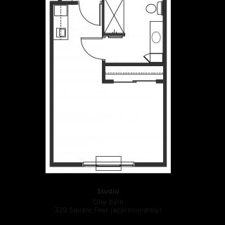 Floor plan of a studio apartment featuring living space, kitchen, and bathroom.