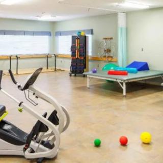 A room equipped for physical therapy with exercise equipment and colorful therapy balls.