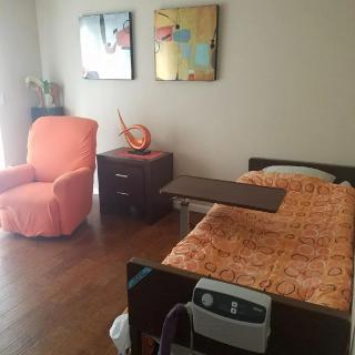 A well-furnished bedroom with a hospital bed and a comfortable chair.
