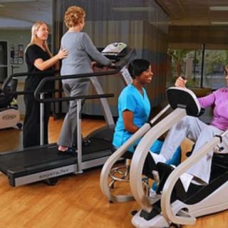 A rehabilitation session with healthcare professionals assisting individuals using fitness equipment.