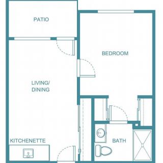 A floor plan of a one-bedroom apartment featuring a patio, living/dining area, kitchenette, bedroom, and bathroom.