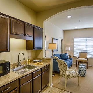 A cozy apartment interior featuring a small kitchen and an adjoining living area.