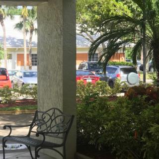 A view from a porch overlooking a parking area filled with cars, framed by greenery.