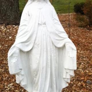 A white statue of the Virgin Mary surrounded by fallen leaves.