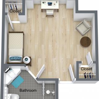 A 3D floor plan of a studio apartment with labeled areas for the bedroom, bathroom, and closets.
