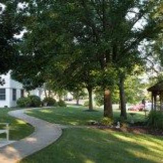 A serene outdoor setting with a winding pathway surrounded by lush greenery and trees.