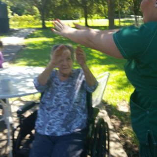 A person in a wheelchair interacts with another person outside on a sunny day.