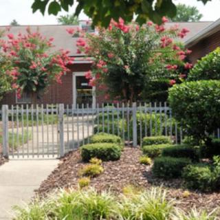 A beautifully landscaped garden with blooming flowers and neatly trimmed shrubs in front of a house.