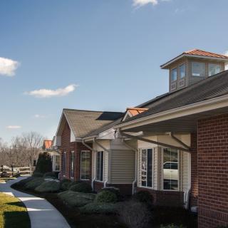 A row of suburban houses with a clear sky and pathway.