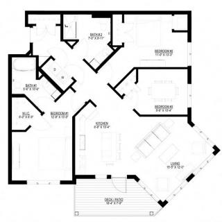 An architectural floor plan showing the layout of an apartment with designated rooms.