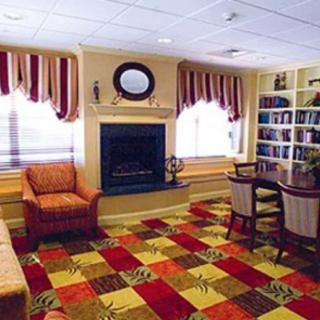 A cozy living room with a fireplace, bookshelves, and comfortable seating.