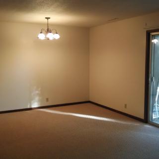 An empty room with carpeted flooring, a chandelier, and natural light coming through a sliding door.