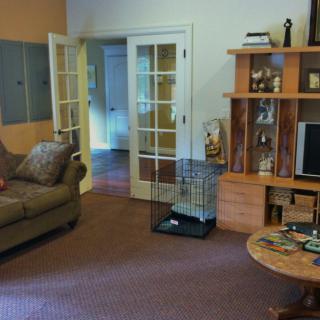A cozy living room with a sofa, bookshelf, and television.