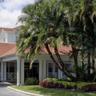 A building entrance surrounded by palm trees and landscaped greenery.