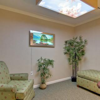 A cozy waiting room with comfortable seating, decorative plants, and a faux sky skylight.