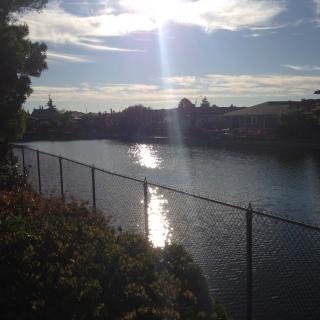 A serene river view with sunlight reflecting on the water.