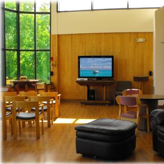 A cozy living room with a large television, surrounded by wooden furniture and bright natural light from tall windows.