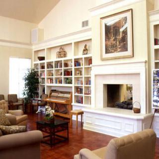 A cozy living room featuring a fireplace and built-in bookshelves.
