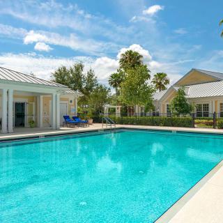Luxurious outdoor swimming pool in a sunny residential setting.