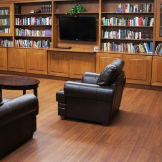 A cozy library room featuring leather armchairs, wooden bookshelves filled with books, and a television mounted on the wall.