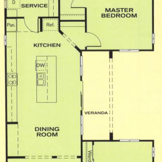 A floor plan showing the layout of a house with a master bedroom, kitchen, dining room, and veranda.