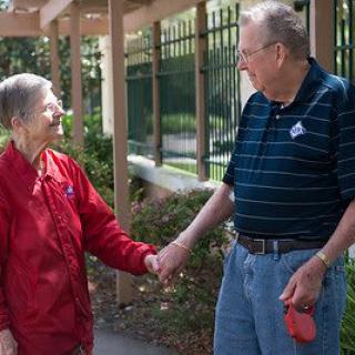 An elderly couple holding hands and smiling at each other while walking outdoors.