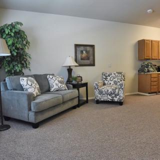 A cozy living room with a sofa, armchair, and decorative plants.