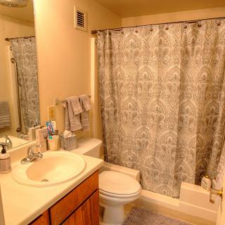A cozy bathroom with a shower curtain, sink, and mirror.