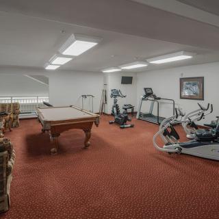 A multi-purpose room featuring gym equipment and a pool table on a carpeted floor.