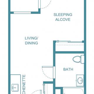 Studio apartment floor plan showing living/dining area, sleeping alcove, kitchenette, and bathroom.