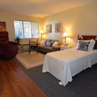 Cozy bedroom with a single bed and a comfortable living area.
