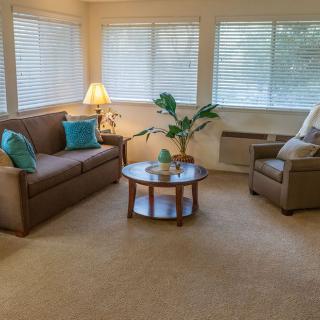 A cozy living room with a sofa, armchair, and coffee table, featuring decor accents like an indoor plant and warm lighting.