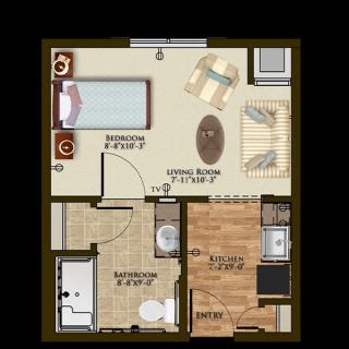 A floor plan of a one-bedroom apartment featuring a living room, kitchen, and bathroom.