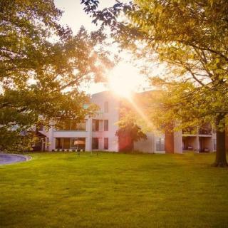 A serene view of a building surrounded by lush greenery, bathed in the warm glow of a setting sun.